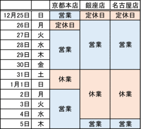 年末年始営業カレンダー