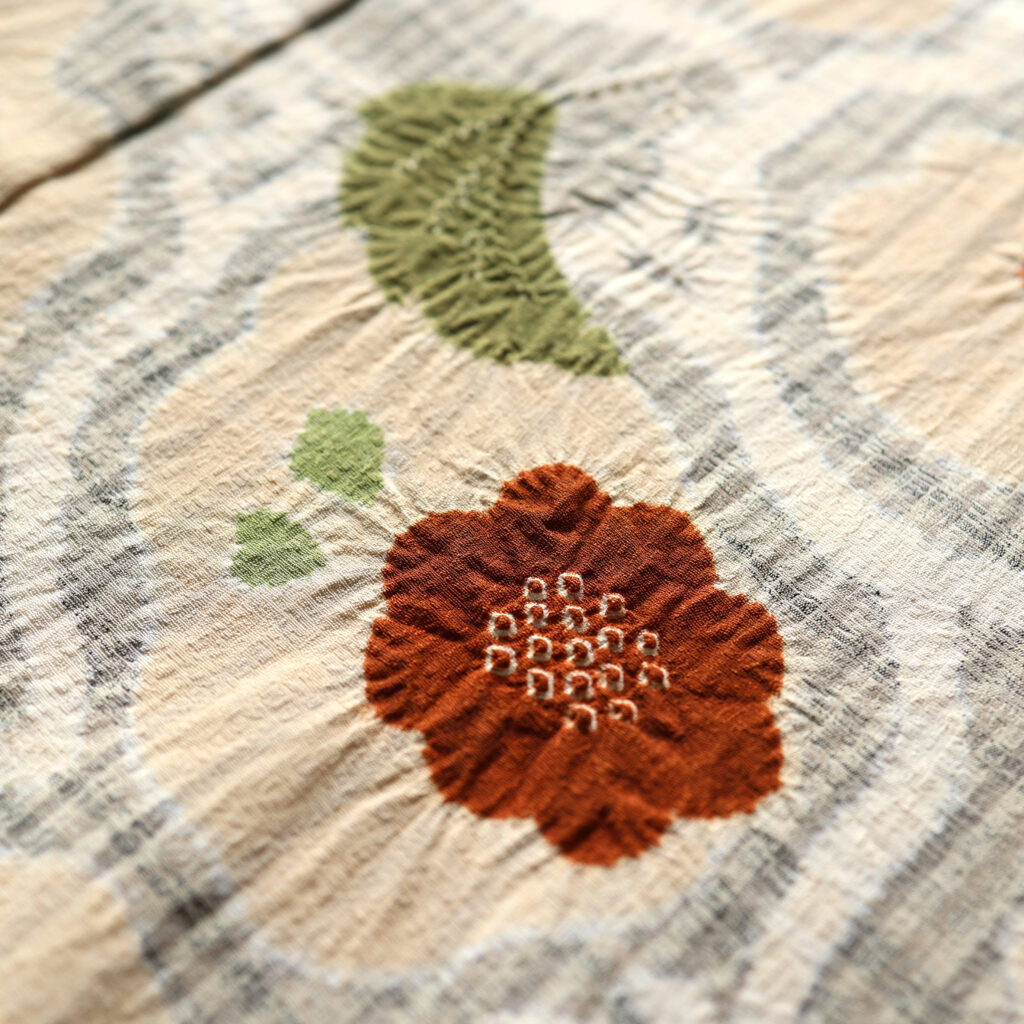 御召の訪問着のアップ画像。えんじ色の梅の花や、緑色の葉っぱが絞りでほどこされており、訪問着全体のアクセントになっている。